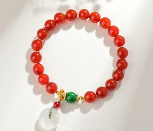 Bracelet Cœur en Agate Rouge, Jade Verte & Perle – Élégance Naturelle