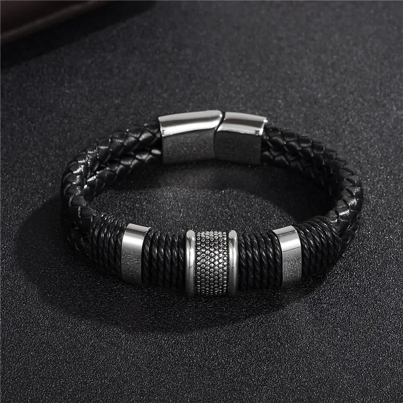 Bracelet homme en cuir tressé et acier inox– Modèle Signature