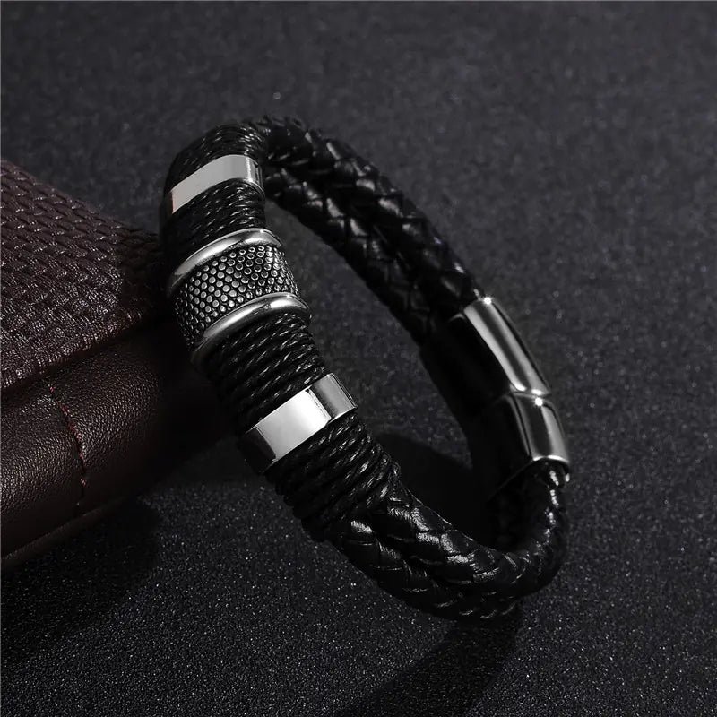 Bracelet homme en cuir tressé et acier inox– Modèle Signature