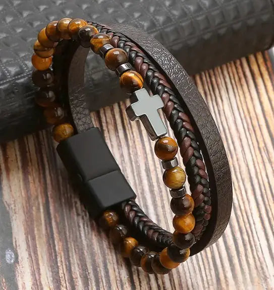 Bracelet Croix en Œil de Tigre Naturel – Force Intérieure & Élégance Spirituelle