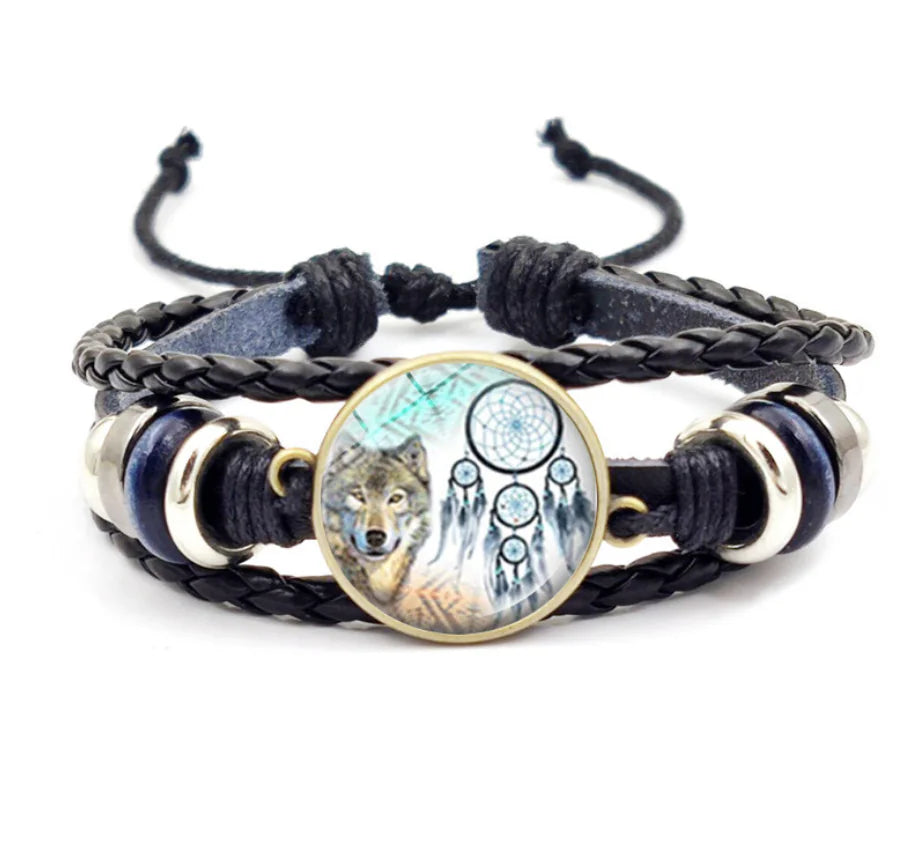 Bracelet Attrape-Rêves Loup – Style Bronze & Corde Noire