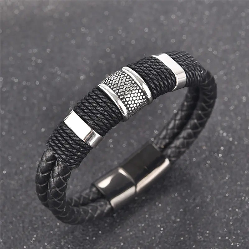 Bracelet homme en cuir tressé et acier inox– Modèle Signature