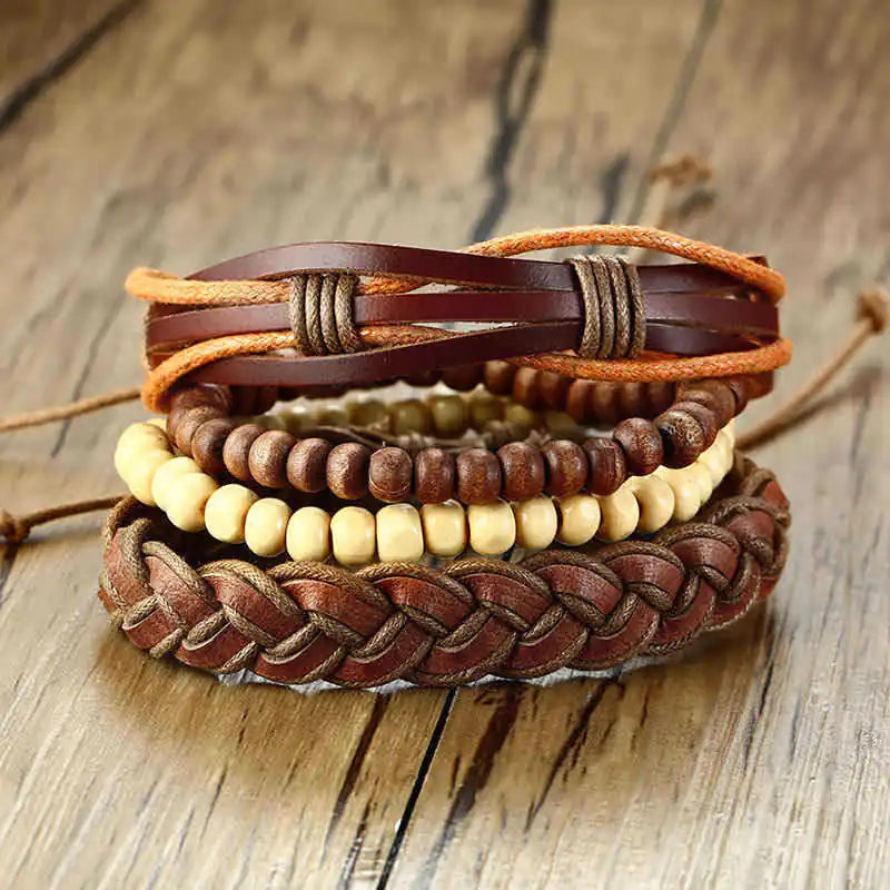 Set de Bracelets Tressés pour Homme – Cuir Véritable & Corde Naturelle (4 pièces)