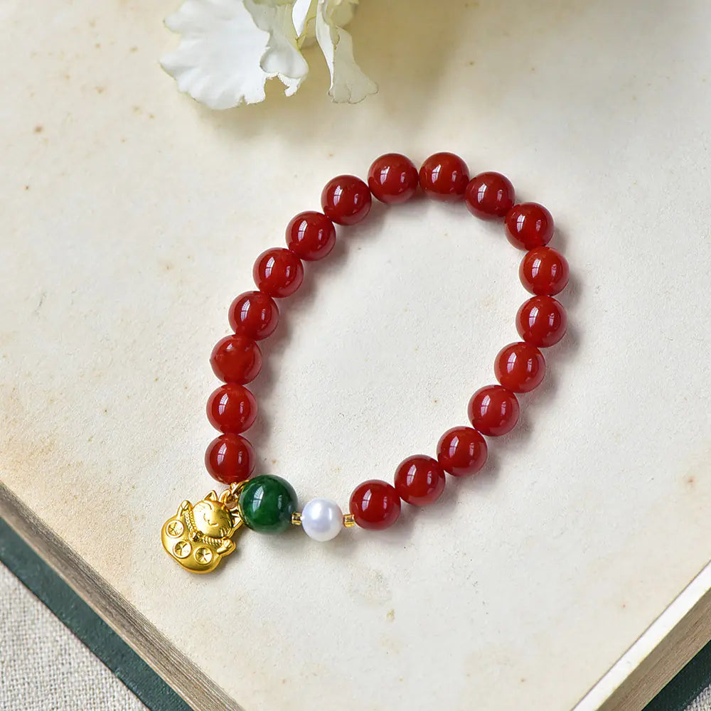 Bracelet Cœur en Agate Rouge, Jade Verte & Perle – Élégance Naturelle