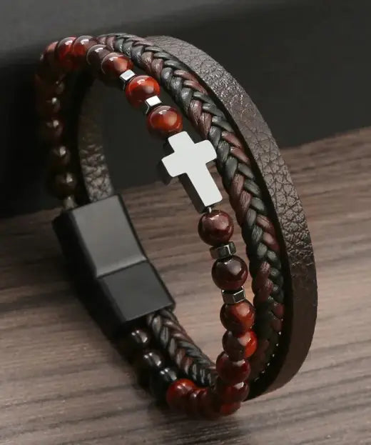 Bracelet Croix en Œil de Tigre Naturel – Force Intérieure & Élégance Spirituelle