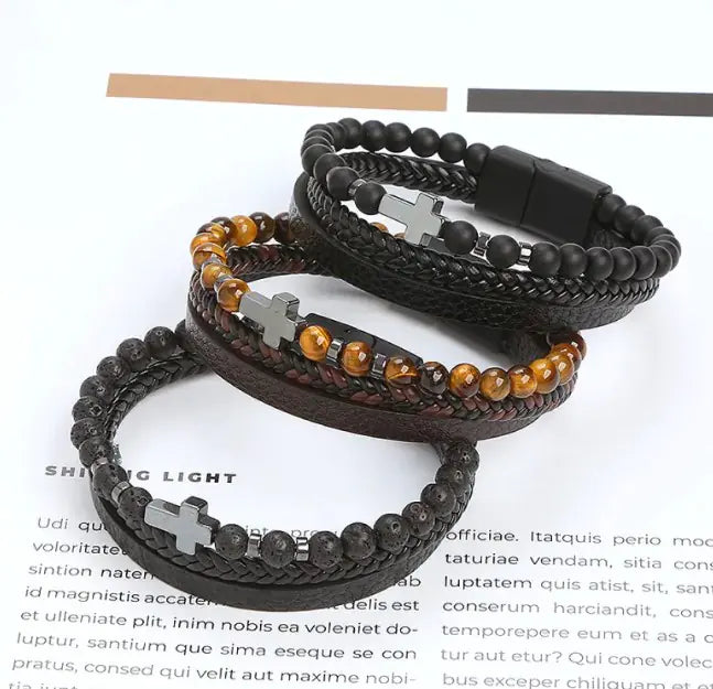 Bracelet Croix en Œil de Tigre Naturel – Force Intérieure & Élégance Spirituelle